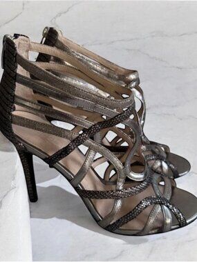 COACH Pewter Silver Metallic Leather Cage Heels Size 9